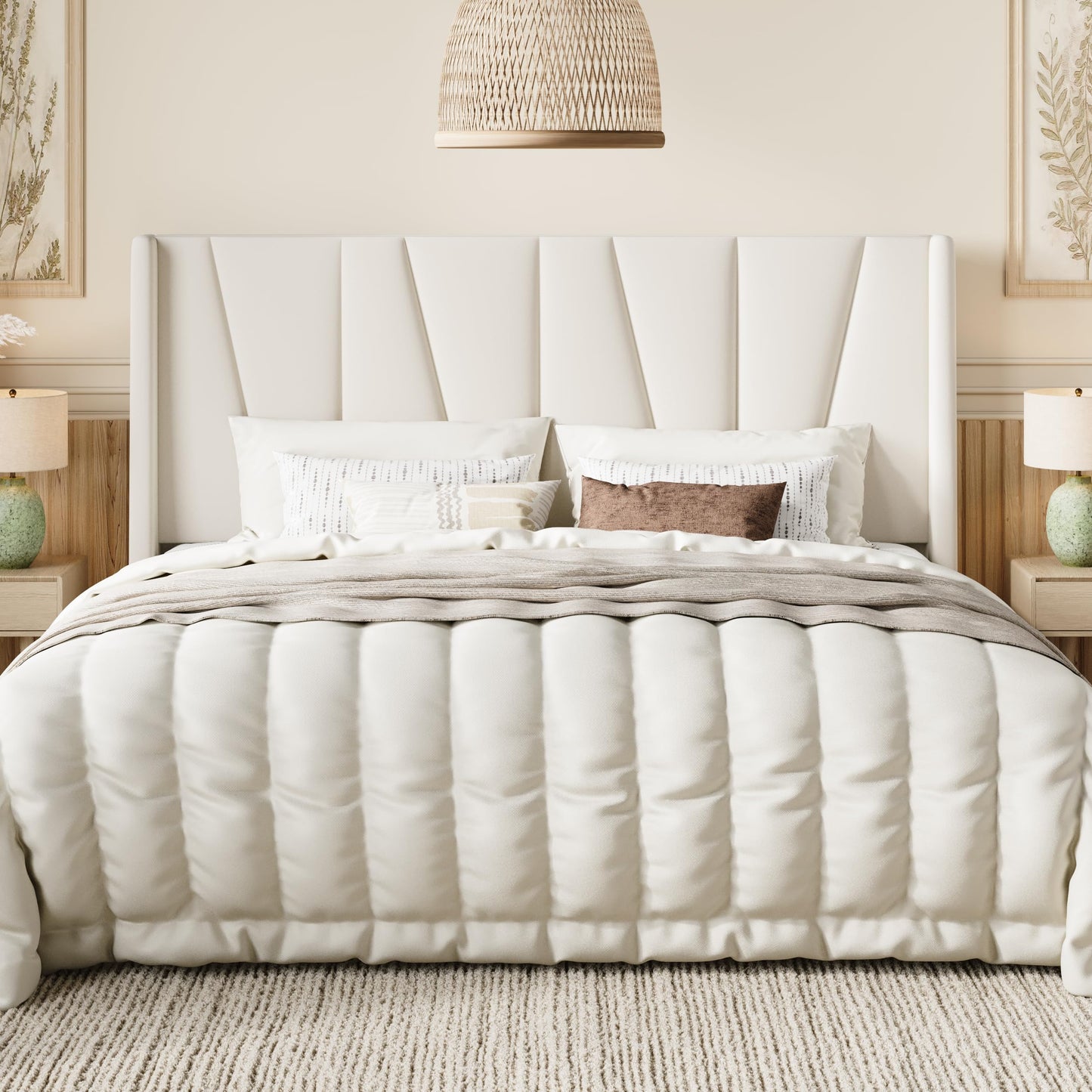SHA CERLIN King Size Velvet Bed Frame with Geometric Wingback Headboard, Upholstered Platform Bed with Wooden Slats Support, 8" Under-Bed Space, No Box Spring Needed, Easy Assembly, Cream
