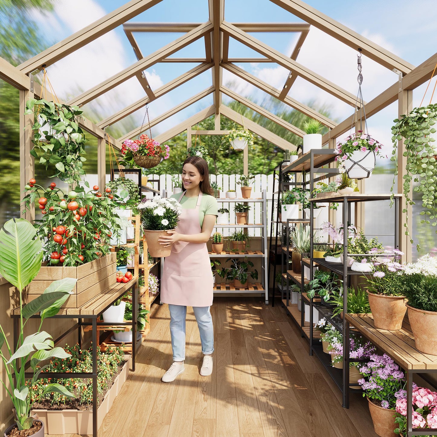 6x10 FT Greenhouse - Large Wooden Greenhouses for Outdoors, Heavy Duty Spruce Frame Greenhouse with PC Panels, Adjustable Roof Vents & Lockable Door, Walk-in Green Houses for Garden, Backyard, Patio