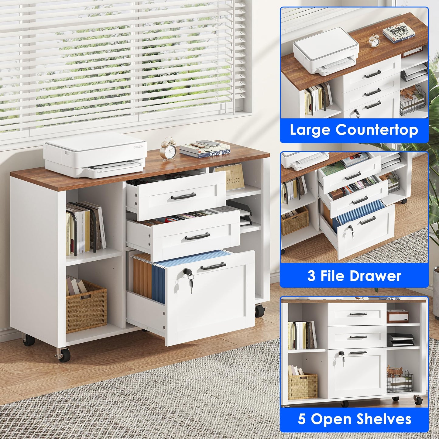 kepptory 3 Drawer Wood Mobile Large lateral File Cabinet with Lock, Lockable Rolling Filing Cabinet with Open Storage Shelves, Printer Stand Office Storage for Home Office Fits Files Legal/A4, White