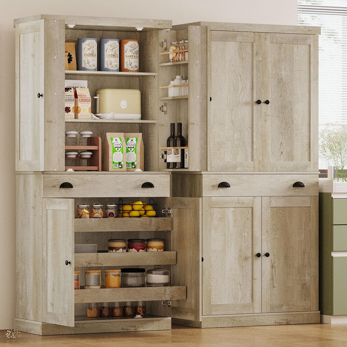 IRONCK Kitchen Pantry Cabinet 72" Height, Freestanding Cupboard with Drawer, Sliding Storage Rack, and 6 Hanging Shelves for Dining Room, Laundry, Rustic Maple