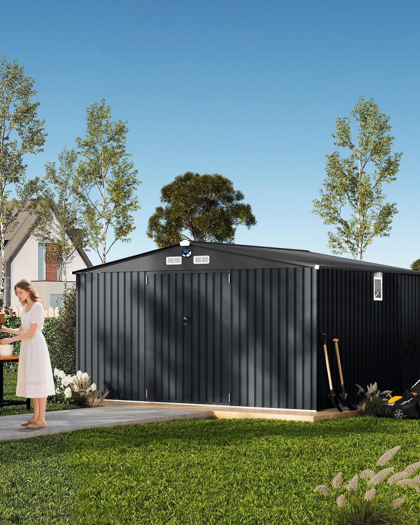 12x10 FT Outdoor Storage Shed with Windows and Solar LED Light, Large Waterproof Metal Garden Shed with Lockable Double Doors, Vented Sloped Roof for Backyard Lawn Patio, Dark Gray