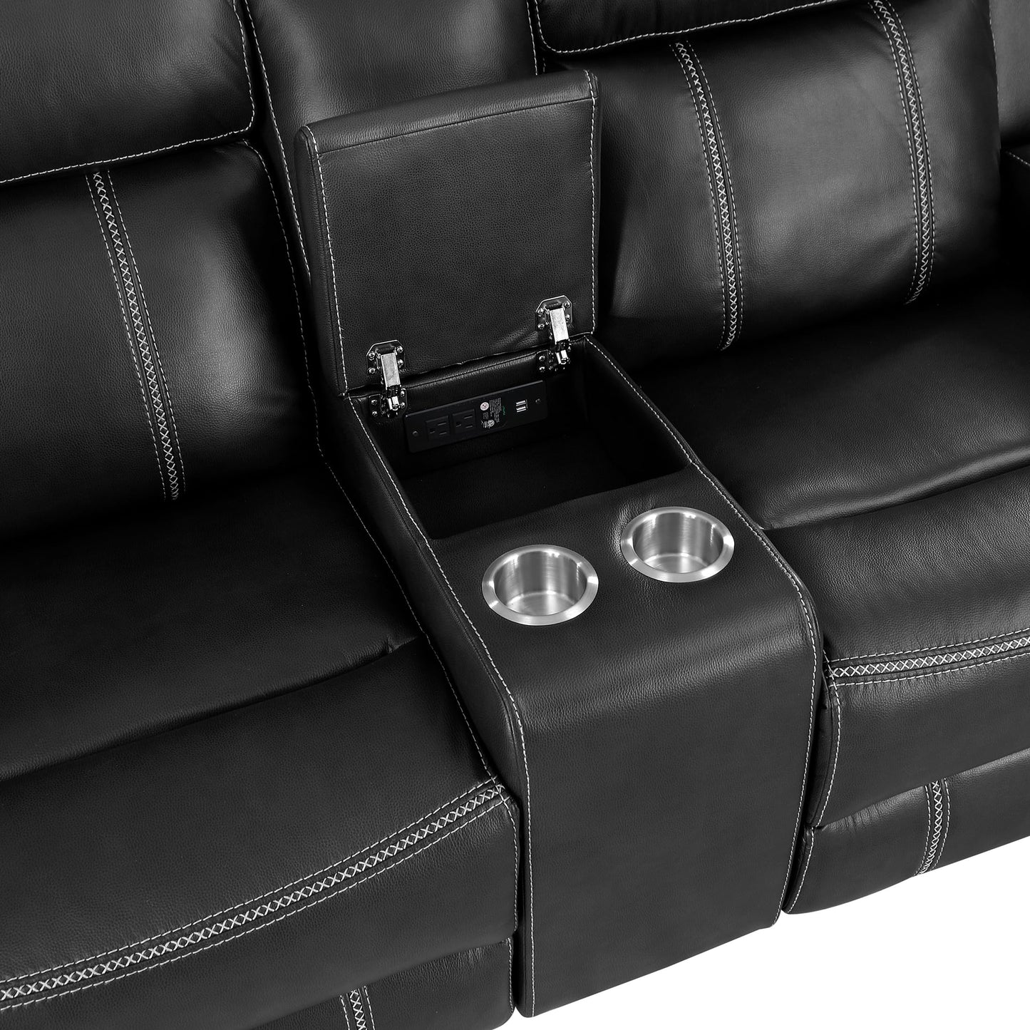 Lexicon Modern Double Reclining Loveseat, Faux Leather Recliner Loveseat With Headrest, Center Console, Receptacles and USB Ports, Manual Recliner Loveseat Sofa For Living Room/Office/Apartment, Black