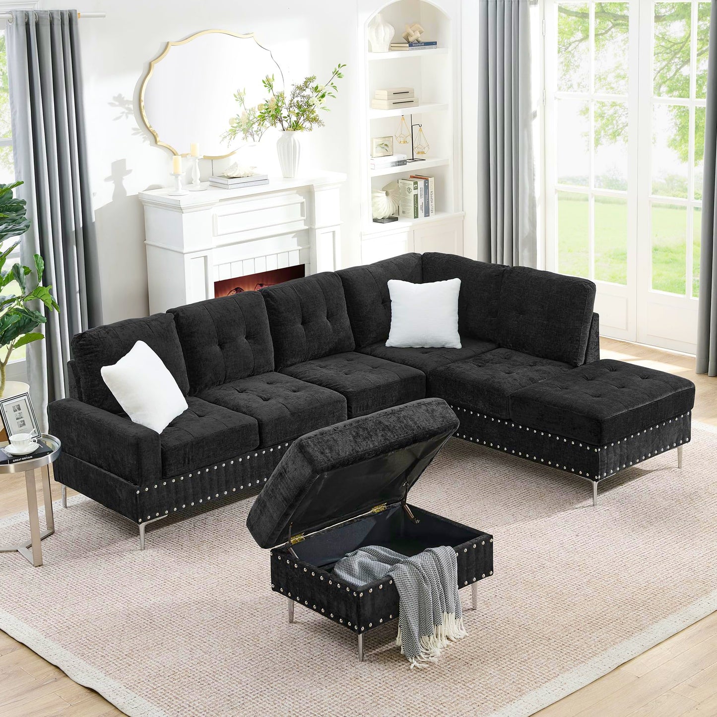 ERYE 102-Inch L-Shaped Corner Sectional Sofa Chenille Upholstered Tufted Corner Sofa Couch with Storage Ottoman and Nailhead Decor,Modern L-Shaped Convertible Couches