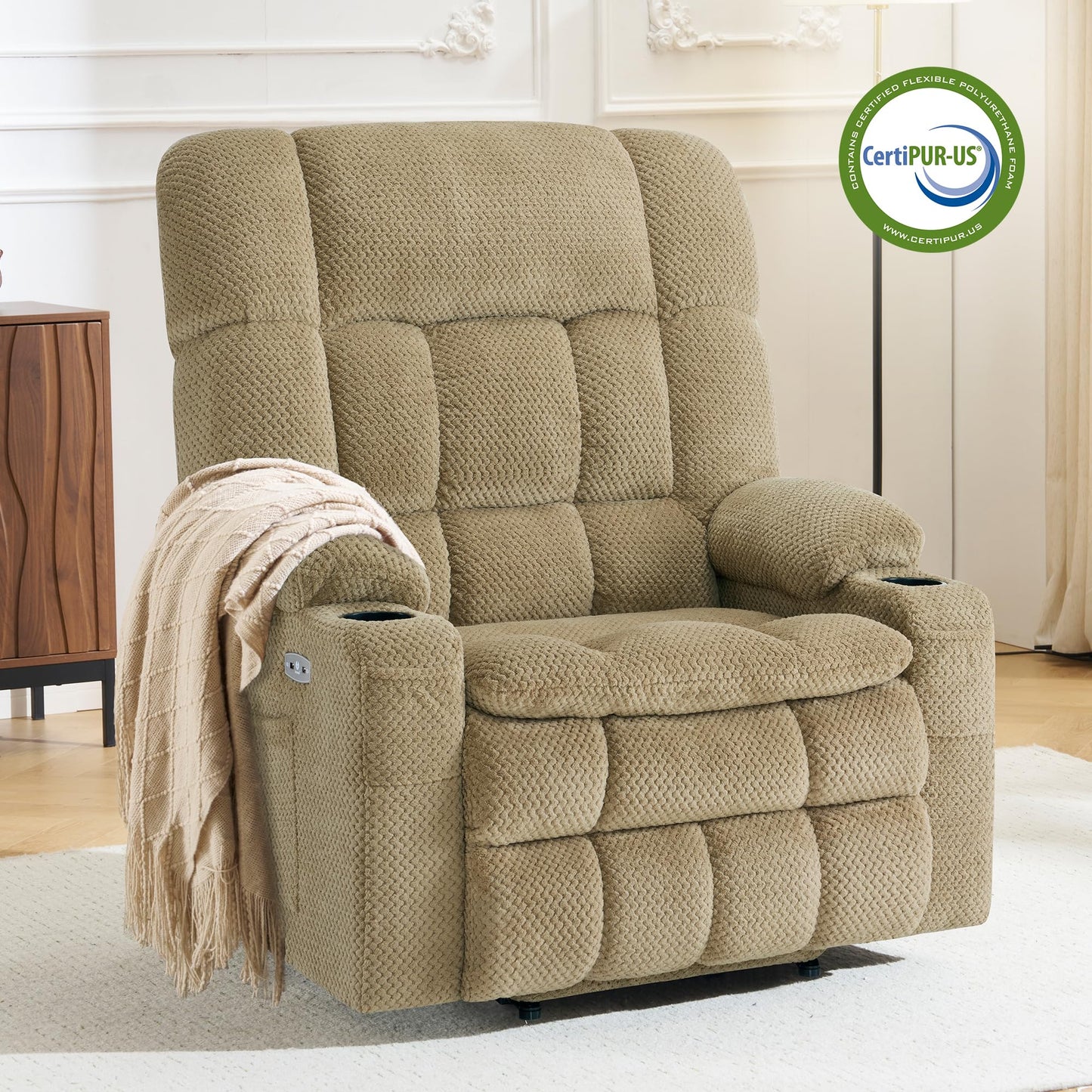 MCombo Oversized Power Lift Recliner Chair for Elderly, Dual Motor Lift Chair with Heat and Massage, Lay Flat Lift Chair for Big and Tall, Cup Holders, Fabric R7891 (Oversize, Beige)