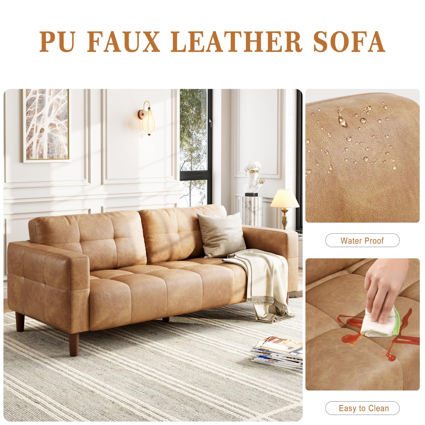 GarveeHome 3-Seater Sofa Couch, 83 in Wide Faux Leather Sofa Couch with Spring Cushion, Modern Sofa with Deep Seats and 2 Removable Back Cushions, for Living Room, Bedroom, Apartment, Office, Brown