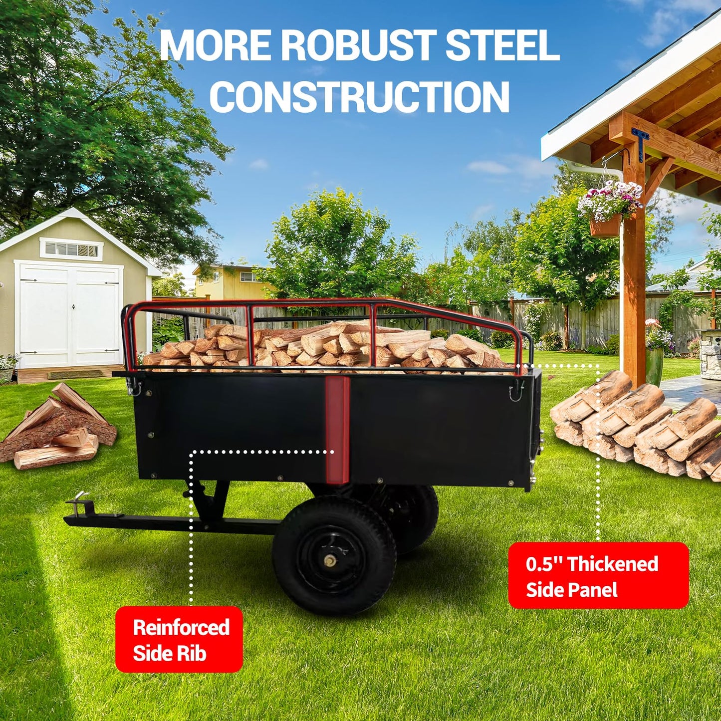 GarveeLife 750 LBS Garden Utility Trailer, 15 Cubic Feet Heavy Duty Steel Dump Cart Feetwith Removable Sides,Hand Pull or Foot Pedal Garden Cart for ATV, UTV, Lawn Mowers and Tractors