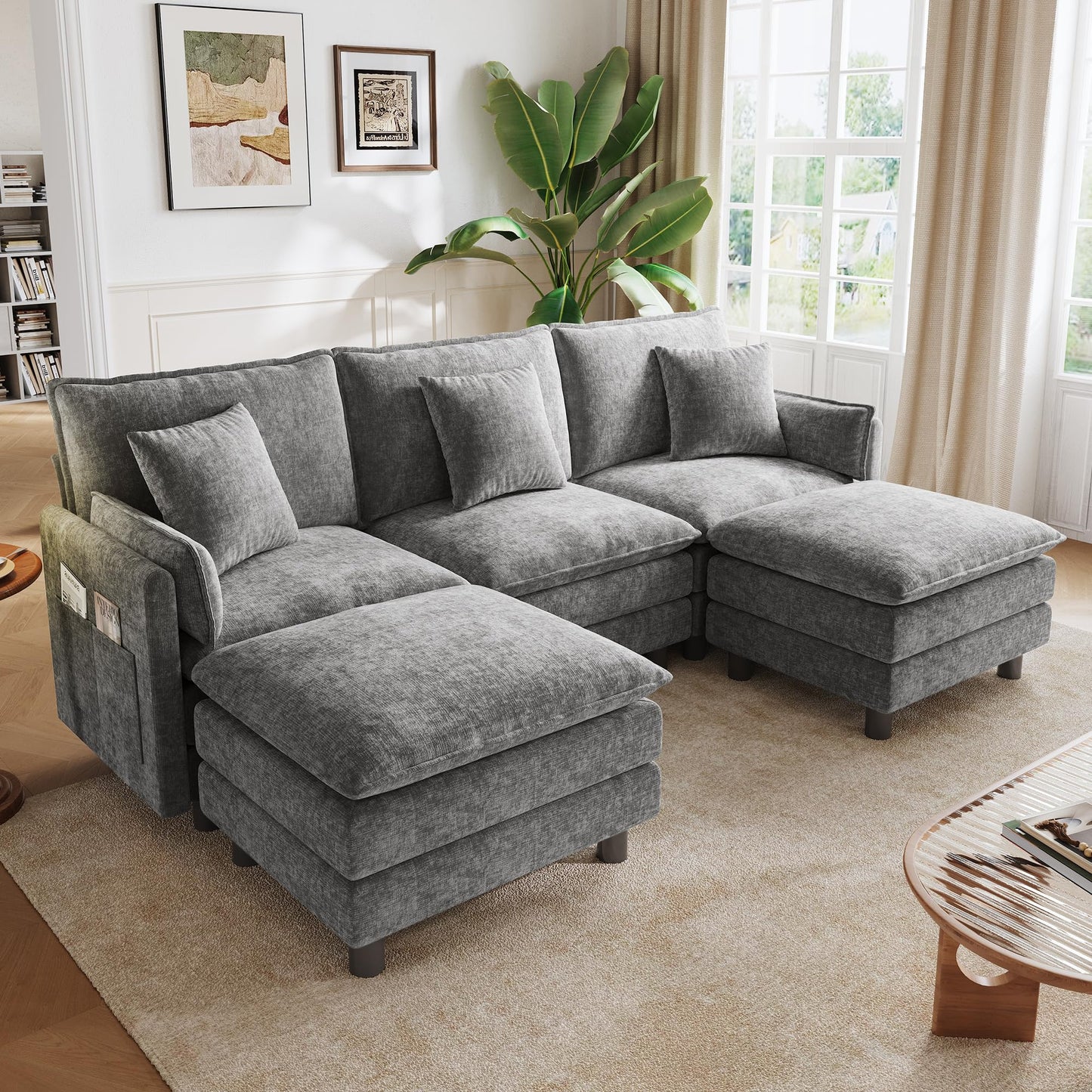 LINSY HOME 98'' Modular Sectional Sofa 3 Seat Couch Chenille Cloud Couch with Deep Seat, U Shaped Couch with 2 Movable Ottoman for Living Room, Office, Bedroom, Grey(Pillows Included)