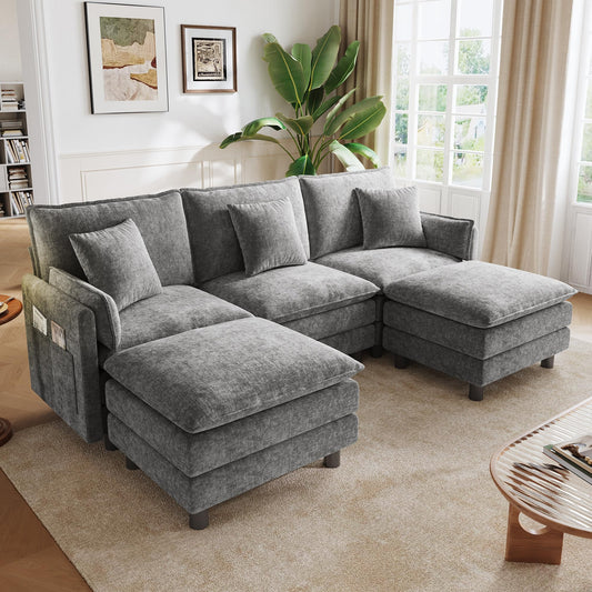 LINSY HOME 98'' Modular Sectional Sofa 3 Seat Couch Chenille Cloud Couch with Deep Seat, U Shaped Couch with 2 Movable Ottoman for Living Room, Office, Bedroom, Grey(Pillows Included)