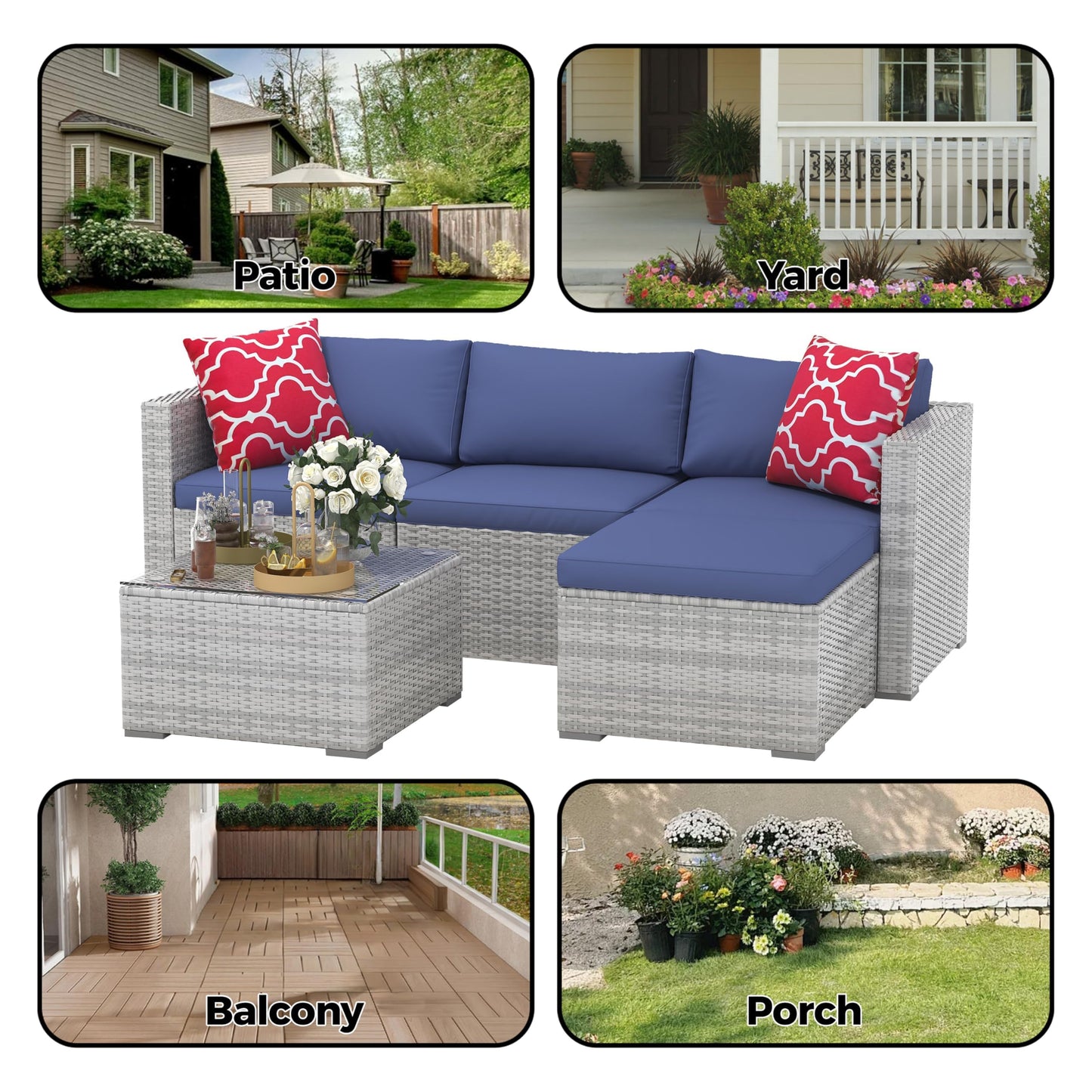 Patio Furniture Set 4 Pieces, Outdoor Patio Furniture Set with Rattan Wicker Chairs, Glass Table and Cushions for Porch, Balcony, Backyard, Garden, Poolside, Brown & Red (Grey+Blue, 5 Pieces)