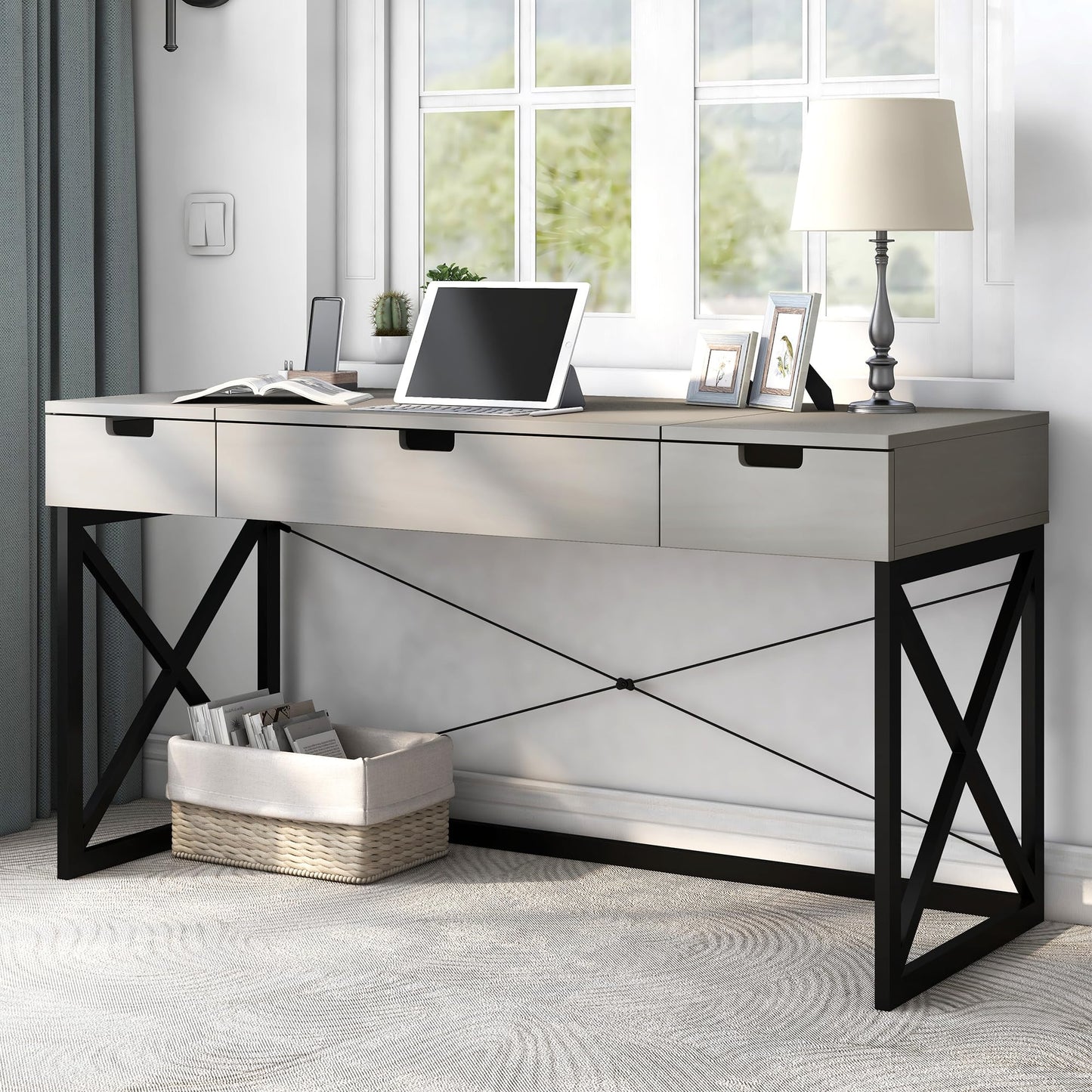 24/7 Shop at Home Ashiya Transitional 2 Drawers Metal Hidden Storage Desk with Lift-Top, USB Port, Power Outlet for Workstation, Home Office, Study Room, Antique Gray