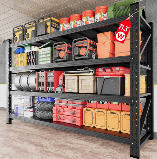 71.3" Wide Heavy Duty Garage Shelving Units,5000LBS Deep Storage Shelves,Black Metal Garage Shelves,Steel Shelf,Large Storage Rack,Industrial Shelving for Shop,Warehouse,Basement,71.3"W x 24"D x 70"H