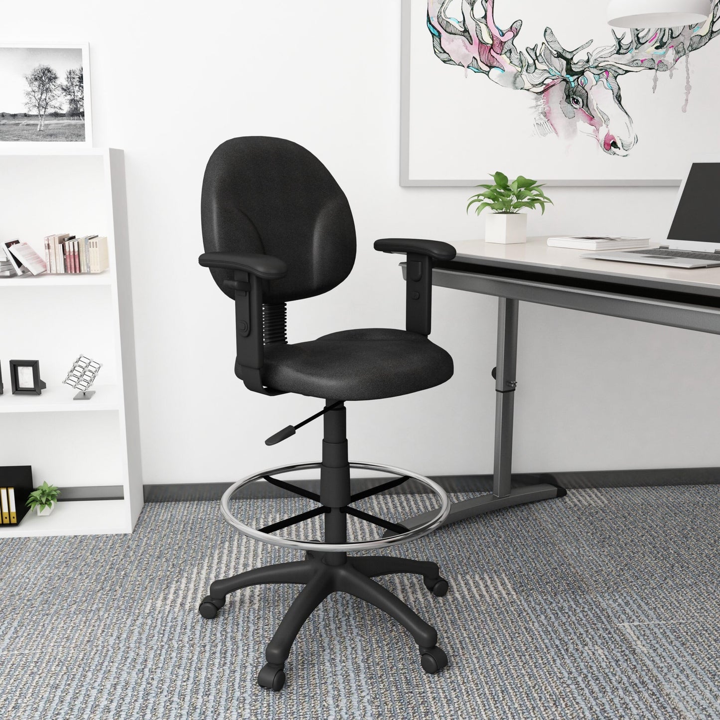 Boss Office Products B1691-BK Stand Up Fabric Drafting Stool with Adjustable Arms in Black