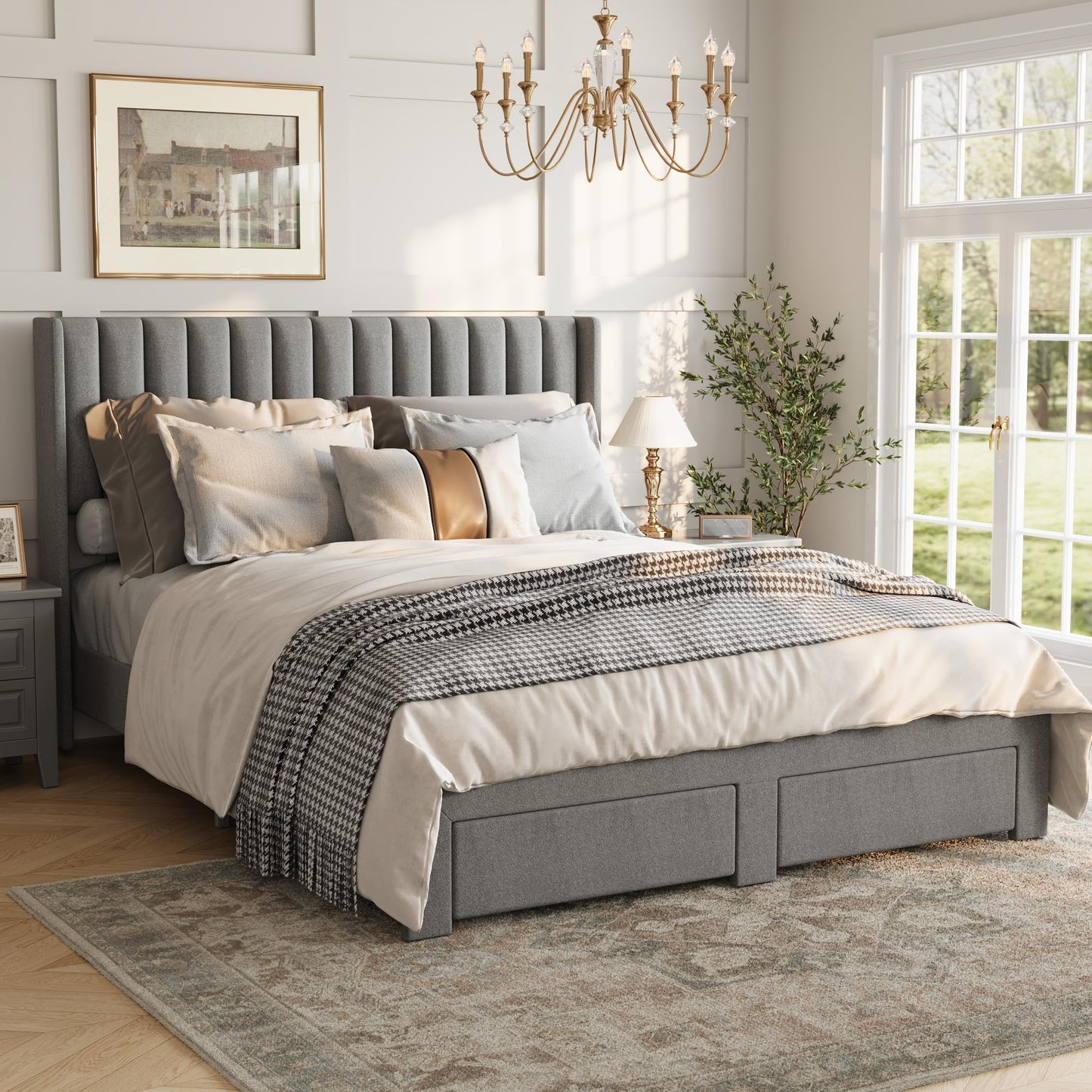 IDEALHOUSE Queen Bed Frame with Wingback Headboard, Velvet Upholstered Platform Bed with 2 Storage Drawers, Vertical Tufted Headboard Design, Wooden Slats Support, No Box Spring Needed, Grey