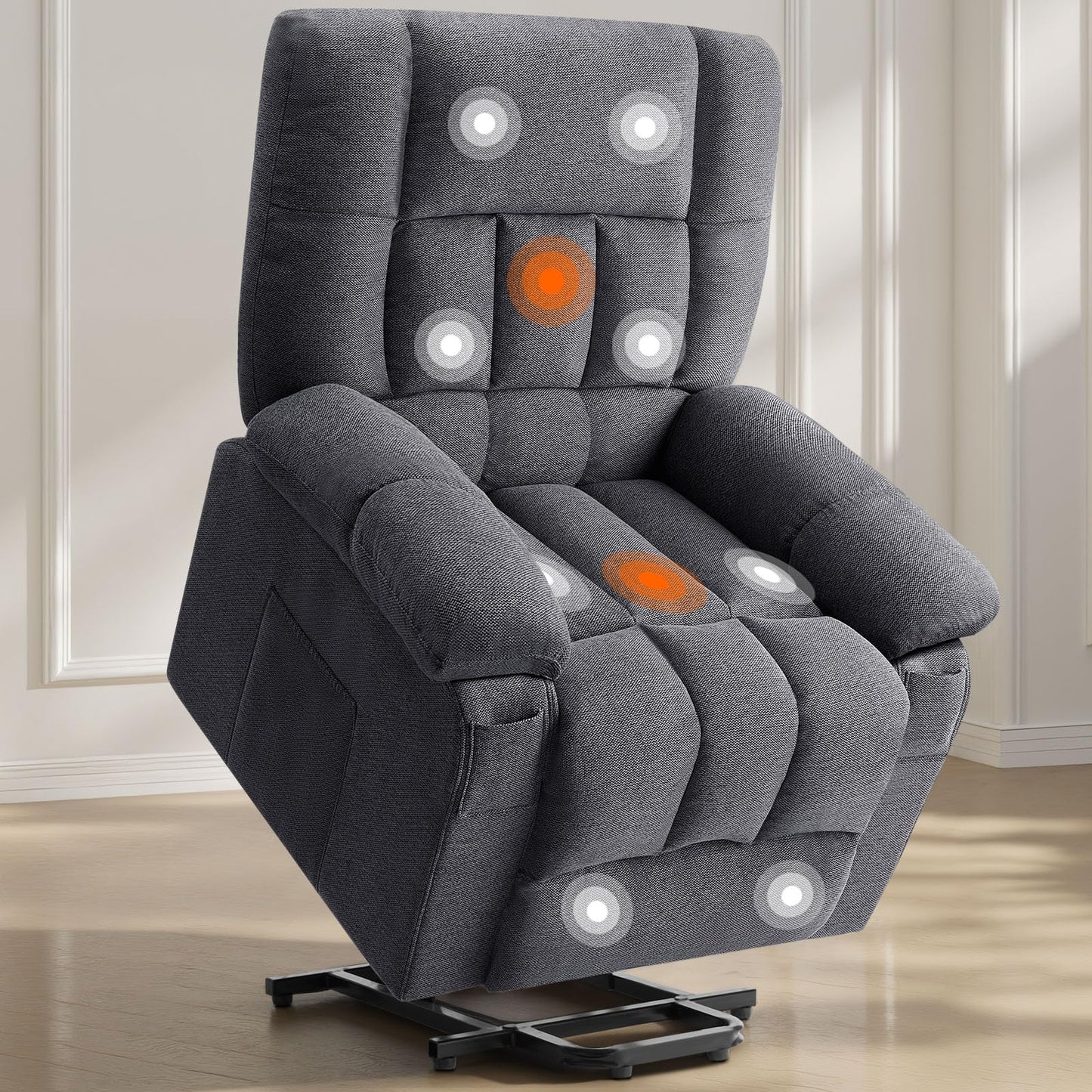 Sweetcrispy Power Lift Recliner Chair with Vibration Massage and Heat for Elderly, Ergonomic Overstuffed Breathable Fabric Reclining Chair with 3 Pockets, Remote Control, Living Room, Light Brown