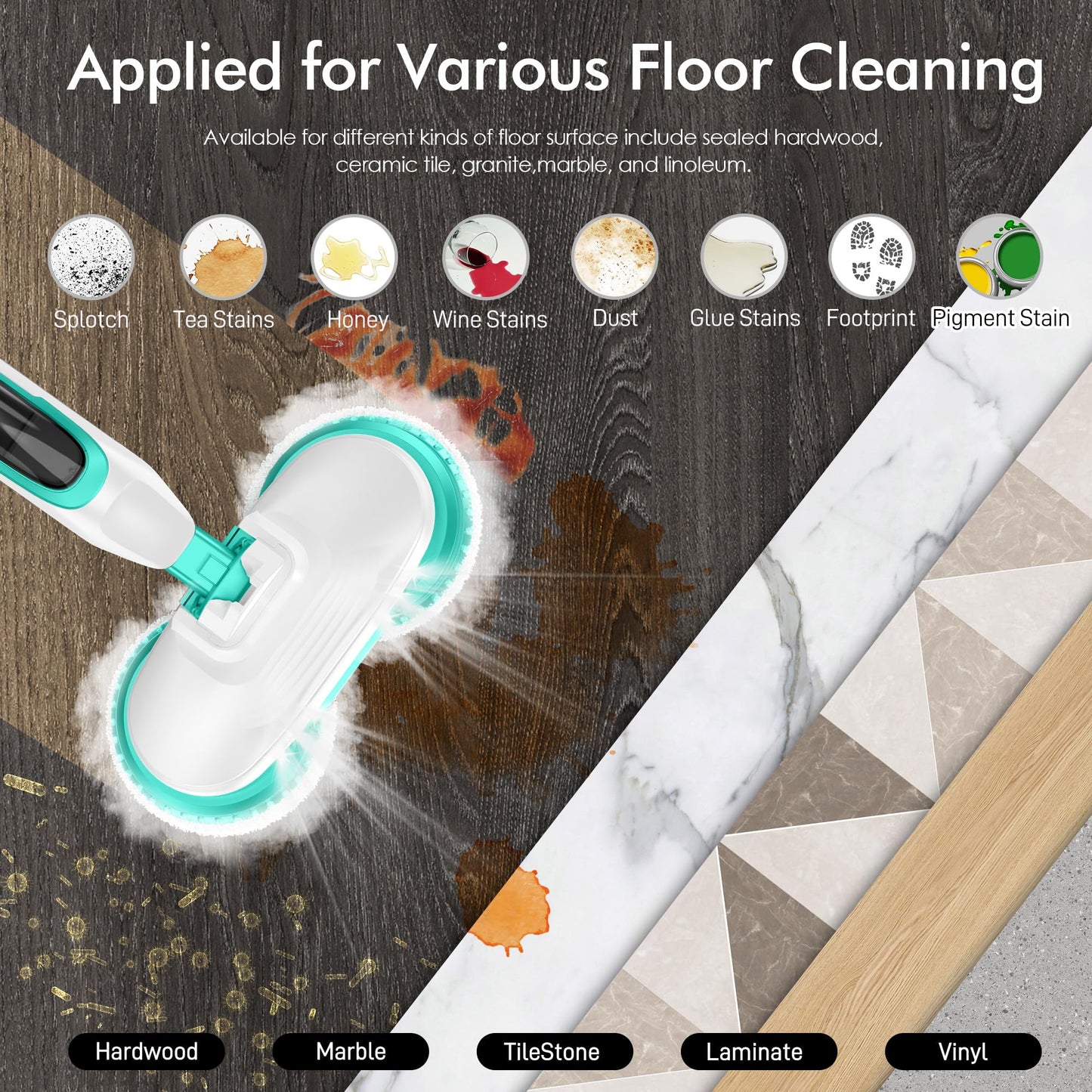 Angtra Scrubbing Steam Mop with Rotating Mop Pads, All-in-One Hard Floor Cleaner with LED Headlights, Steam & Spin Control, 6 Soft Scrub Pads, Swivel Steering, FS07