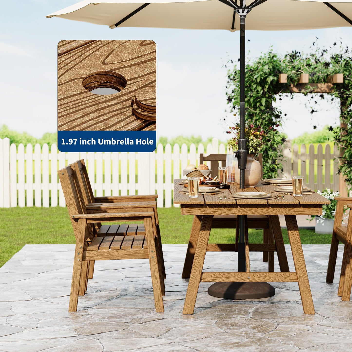 IDEALHOUSE 5-Piece Outdoor Patio Dining Set for 4-6, HDPE Table with Umbrella Hole and Sturdy Aluminum Frame, Weather-Resistant Garden Table and Chairs for Backyard, Poolside and Porch, Brown