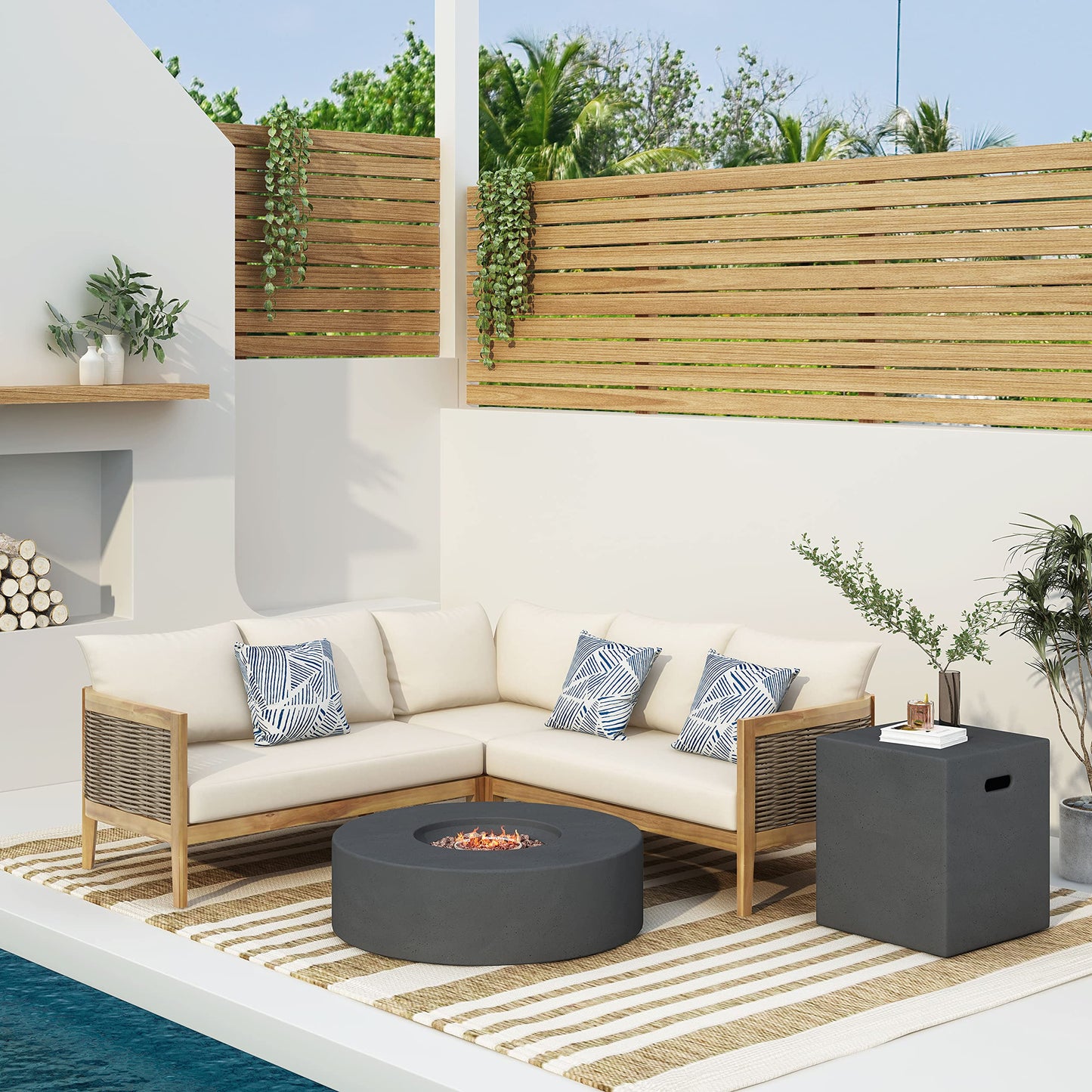 Christopher Knight Home Burchett Outdoor 5 Seater Sectional Sofa Chat Set with Fire Pit - Acacia Wood and Round Wicker - Teak/Mixed Brown/Beige/Dark Gray