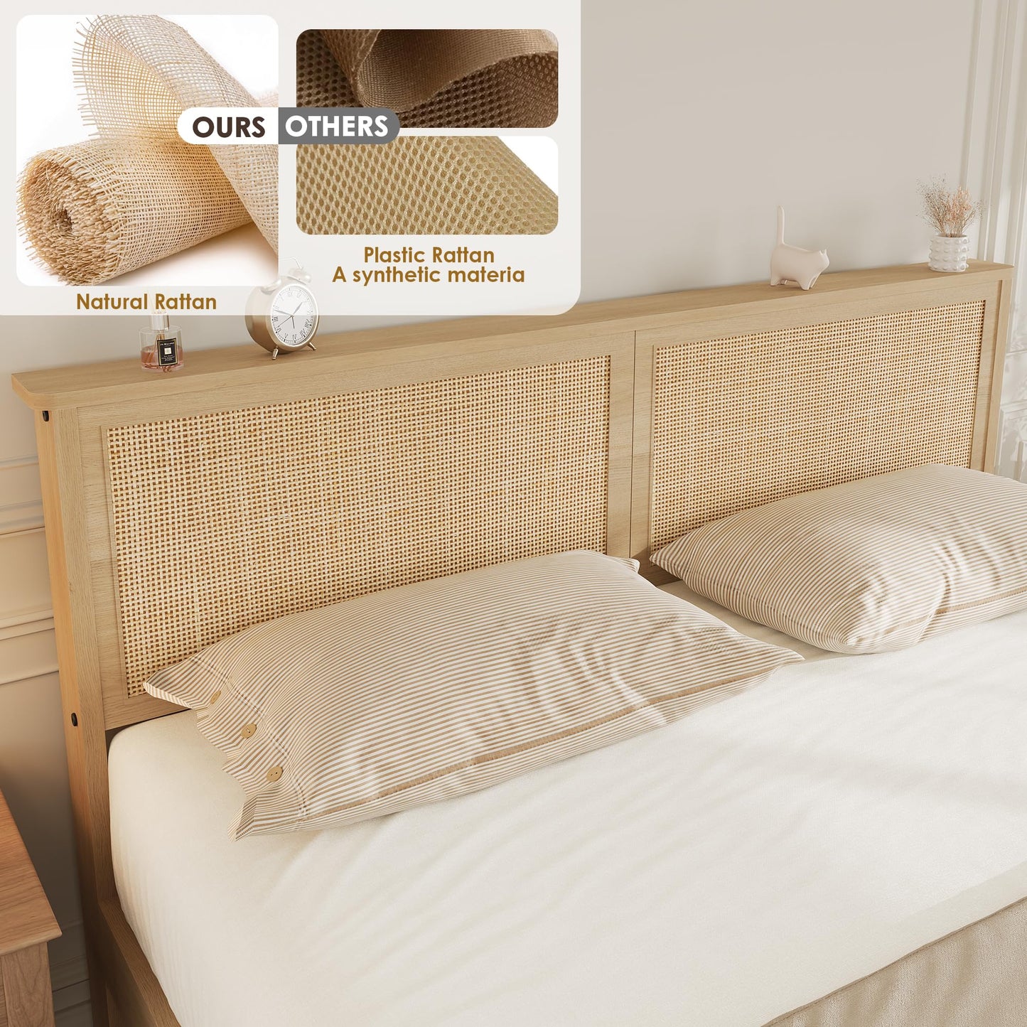 GarveeHome Rattan Bed Frame Full Size Bed Frame with 2 Drawers, Wooden Platform Bed with Rattan Headboard, Led Lights, Boho Storage Bed Frame, Noise Free, No Box Spring Needed, Natural Oak