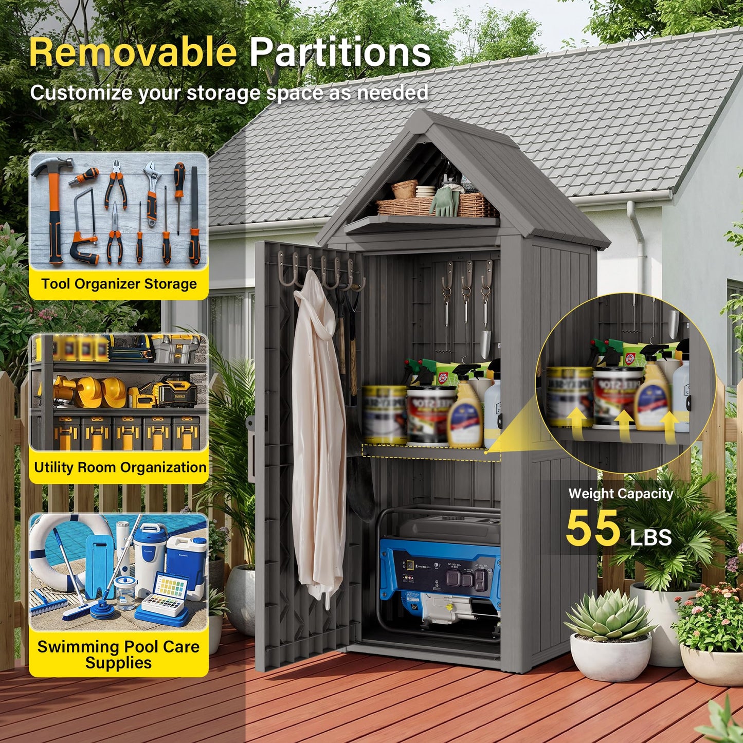 Bifanuo Deck Box Storage Shed Outdoor Storage Cabinet, Vertical Waterproof Resin Material Plastic Shed with Removable Shelves, 12 Hooks and Lock Ring for Garden, Pool and Patio (Classic Grey)