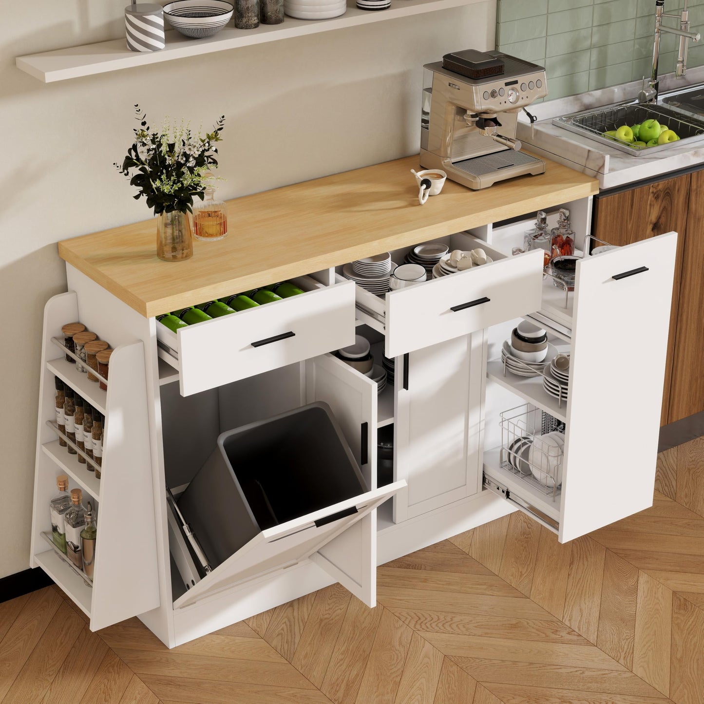 GDFStudio Kitchen Buffet Cabinet with Trash Can Storage, Sliding Door Storage Cabinet Sideboard with 3-Tier Spice Rack & 2 Drawers, Coffee Bar Cabinet Island Storage for Dining Room Living Room, White