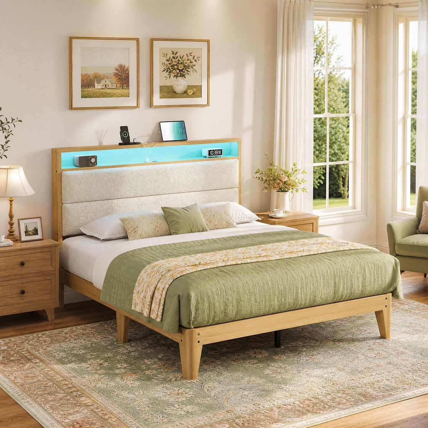 GAOMON Full Size Upholstered Platform Bed Frame with RGB LED Lights, Storage Headboard & Charging Station, Under Bed Storage, No Box Spring Needed, Cream
