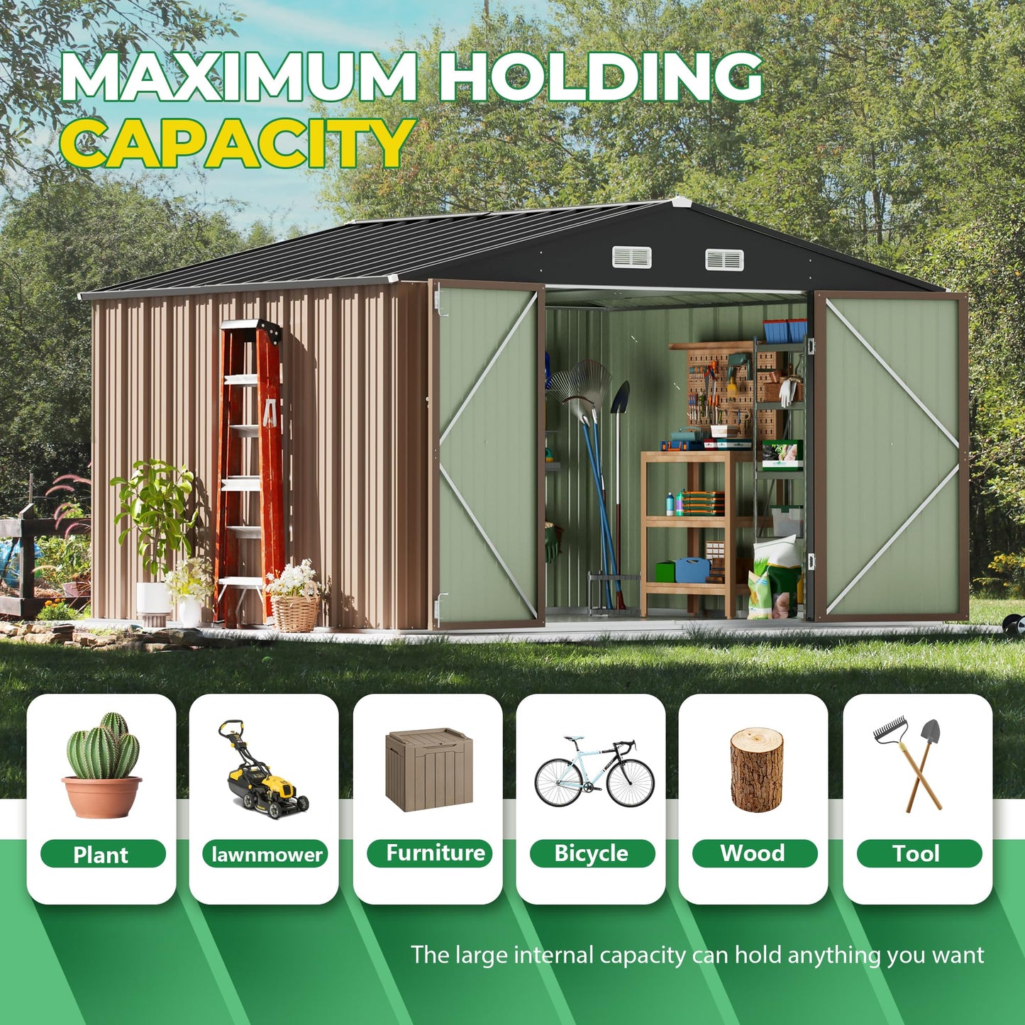Devoko 10 x 8 FT Outdoor Storage Shed, Metal Garden Sheds & Outdoor Storage Clearance, Large Tool Shed Outdoor with Single Lockable Door for Patio Lawn Backyard (Brown)