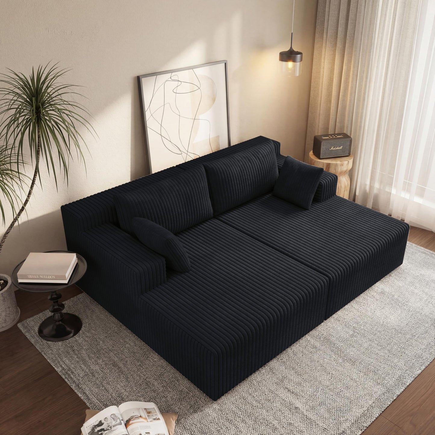 71-Inch Fluffy Corduroy Boneless Sleeper Daybed Loveseat Double Recliner Chaise Lounge Sofa Couches, Floor Cloud Sofa Chaise W/4 Pillows for Home Apartment Living Room