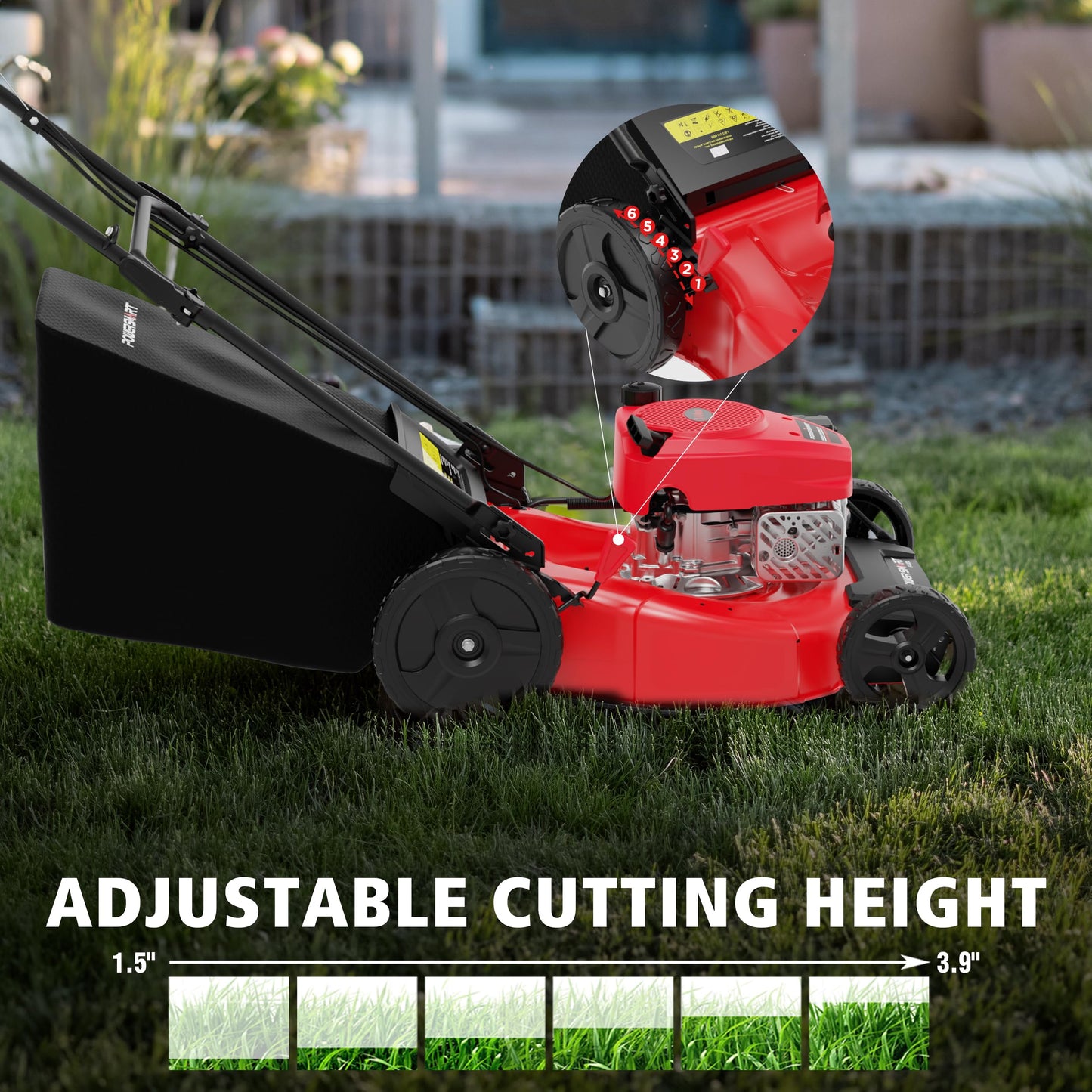 PowerSmart 21-Inch Gas Push Lawn Mower with OHV Engine, 3-in-1 (Bag/Mulch/Rear Discharge),6 Cutting Heights, Durable Steel Deck, Rear-Wheel Drive