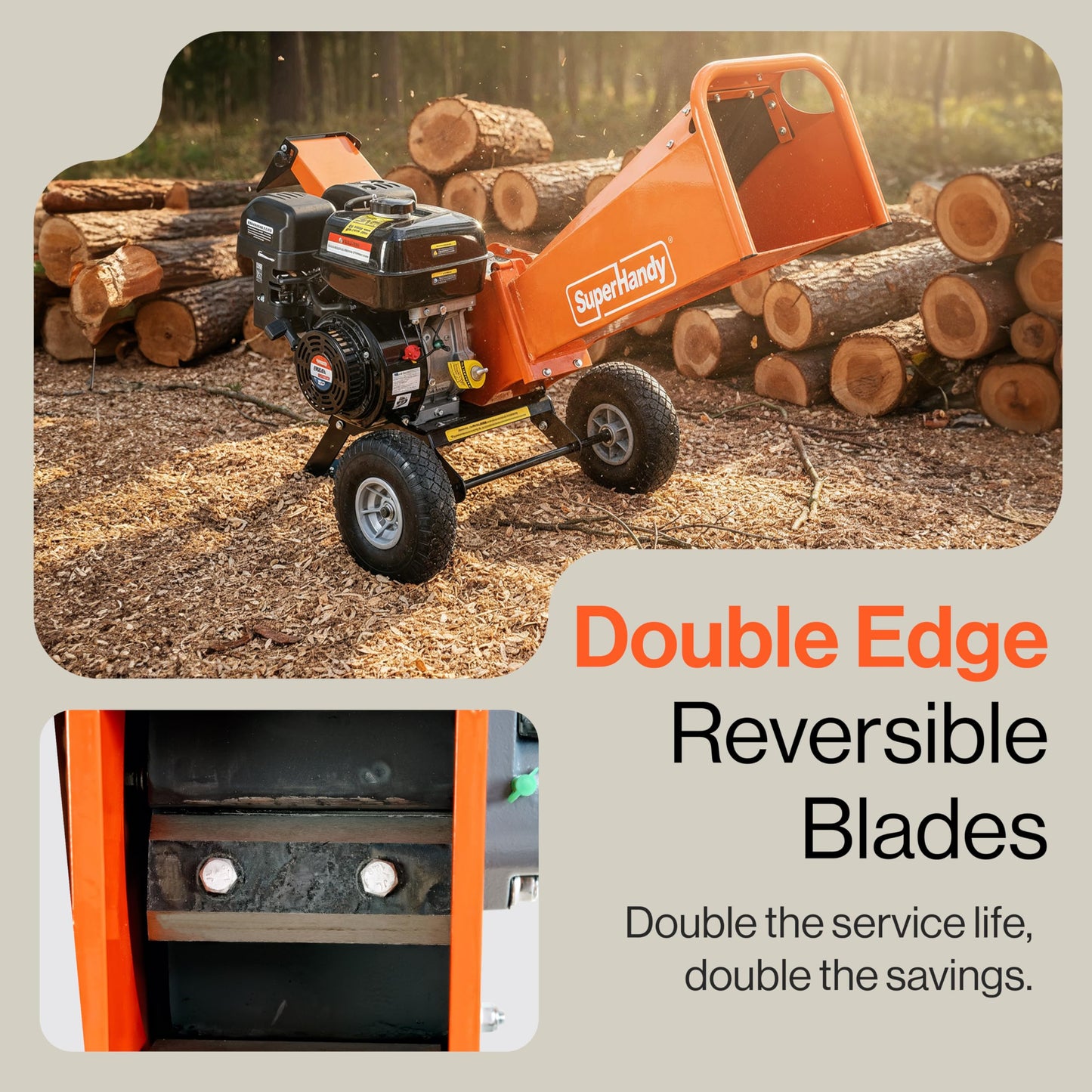 SuperHandy 4-Inch Wood Chipper Shredder Mulcher – 9HP Gas-Powered Heavy Duty Chipping Machine, 10" Wheels, Vertically Adjustable Discharge, Reversible Blades for Yard, Farm & Forestry Cleanup
