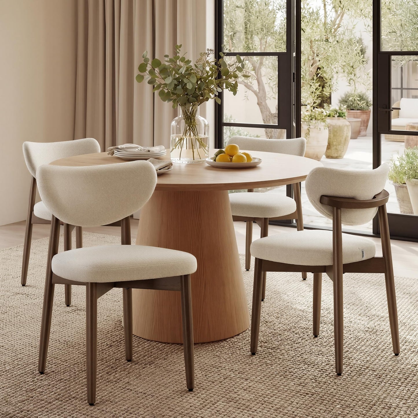 VASAGLE Wooden Dining Chairs Set of 4, Upholstered Kitchen Chairs with Solid Wood Legs, Ergonomic Curved Backrest, Built-in Handle, Mid Century Modern, for Kitchen Dining Vanity, Cappuccino Beige