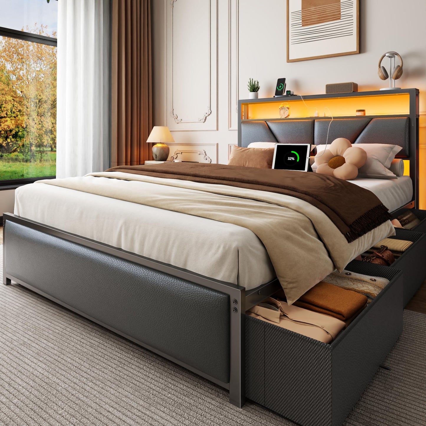 OURPIC Full Size Bed Frame, 2-Tier Storage Headboard & 6 Fabric Drawers, PU Leather Upholstered Platform Bed Frame Full with Charging Station and LED Lights, No Box Spring Needed, Noise Free
