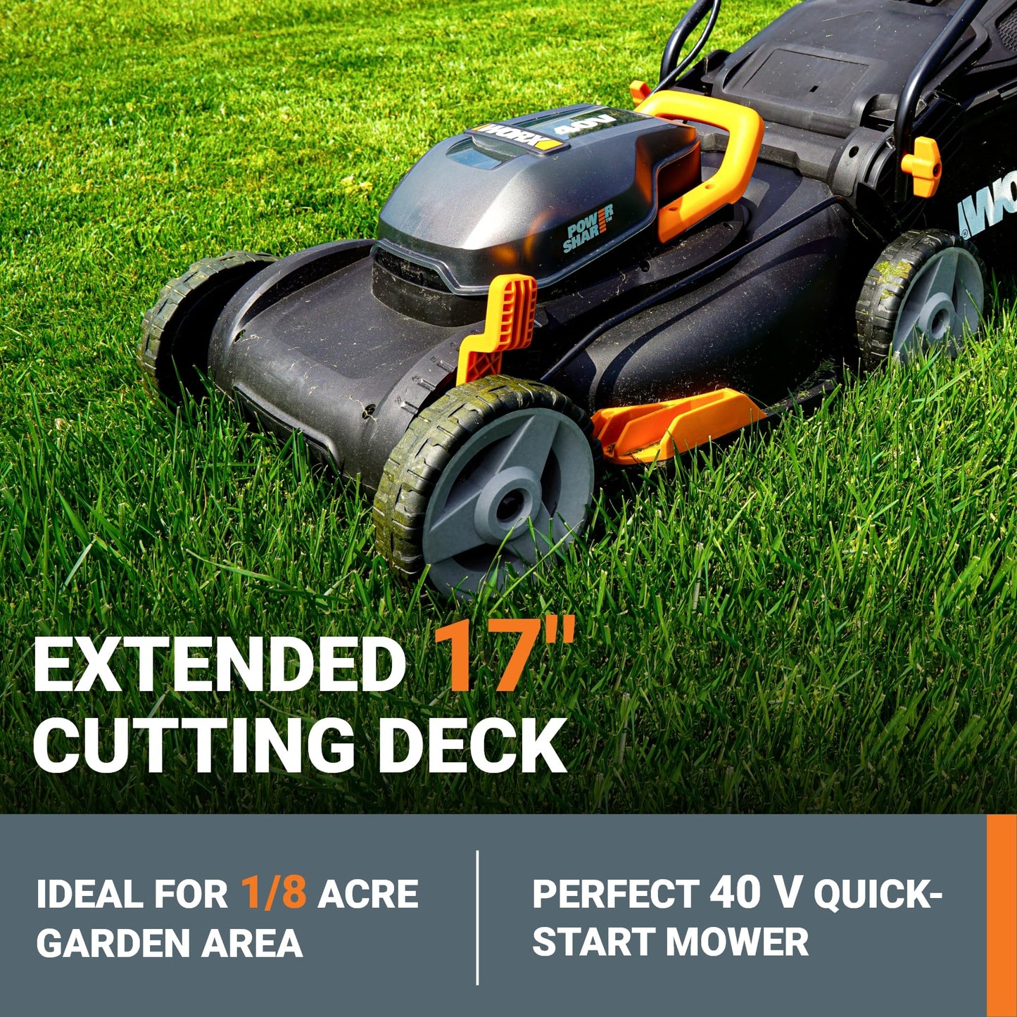 WORX 17" Cordless Lawn Mower, 2 in 1 Electric Mower Cuts Quietly, Compact & Lightweight Push Lawn Mower with 7-Position Height Adjustment for Small Yards, 2 Batteries & Charger Included, WG743