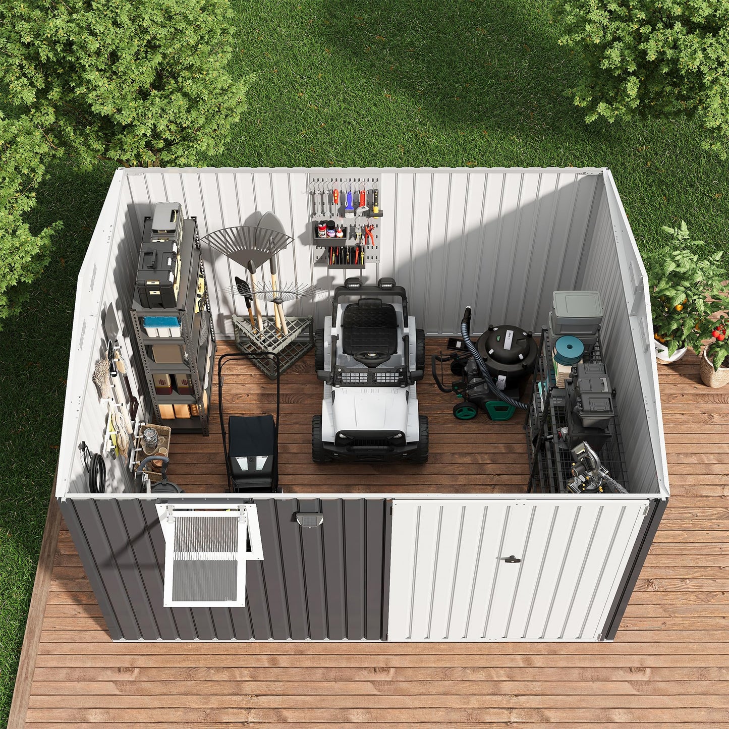 JoanKaren 10x8FT Outdoor Storage Shed with Pushable Window, Solar LED Lamp and Built-in Pegboard, Metal Garden Shed with Sloping Roof, Lockable Doors, Steel Tool Shed for Backyard Patio, Black