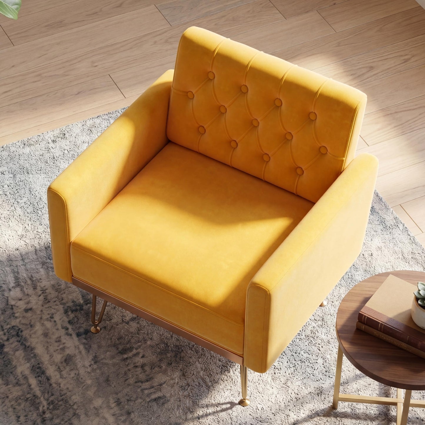 KEIKI Small Velvet Accent Chair, 31 Inch Modern Tufted Upholstered Armchair with Metal Leg, Comfortable Single Sofa Side Reading Chairs, Comfy Arm Chair for Bedroom Living Room, Easy Assembly, Yellow