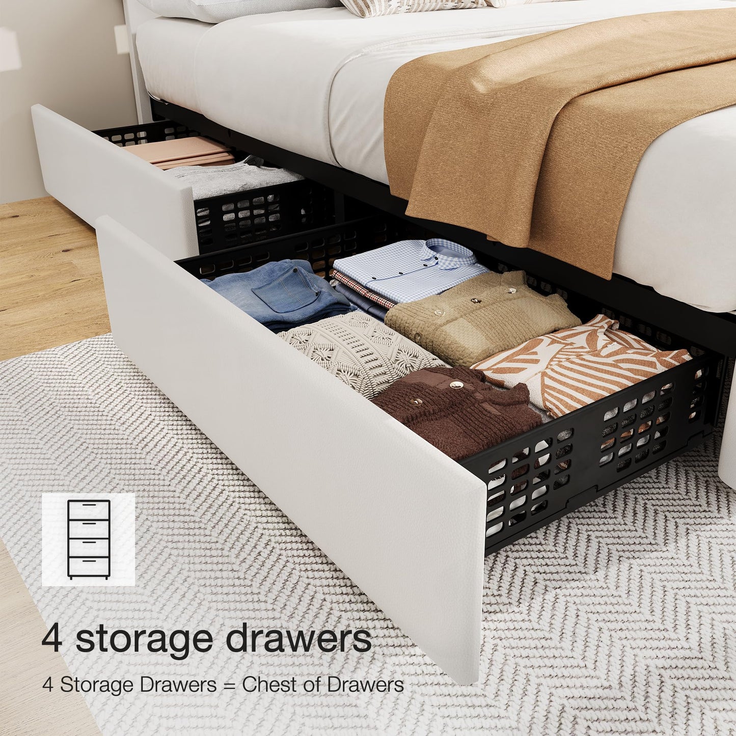 Garvee Queen Size Platform Bed Frame, Faux Leather Upholstered Bed Frame with Adjustable Headboard & 4 Drawers, Modern Bed Frame, Wooden Slats Supports, No Box Spring Needed, White