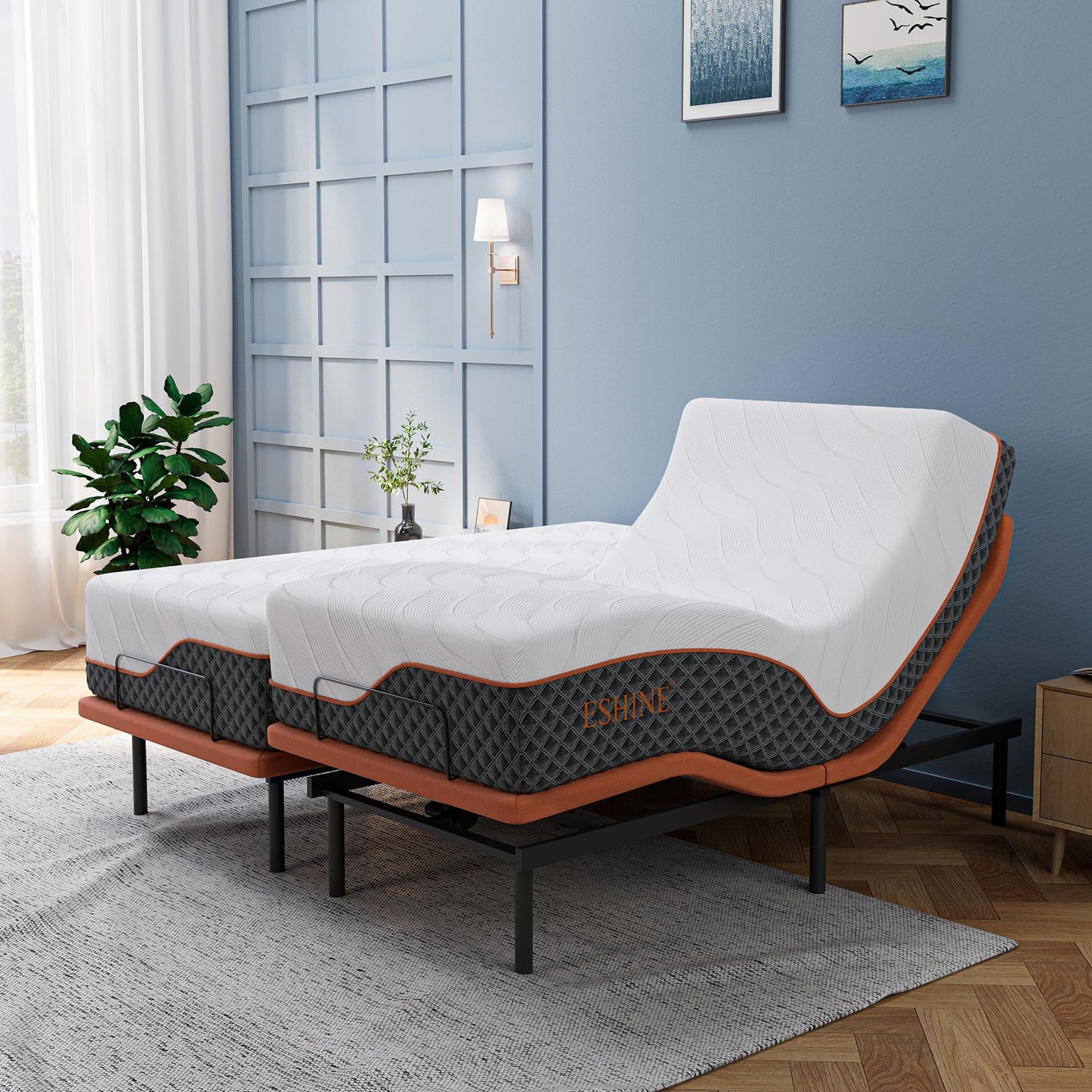 ESHINE Adjustable Bed Frame + 14 inch Hybrid Matt, Lumbar Support, Head-Pillow-Tillt, Smart App Control, Wireless Remote, Dual USB Port, 6000 Series, Split King