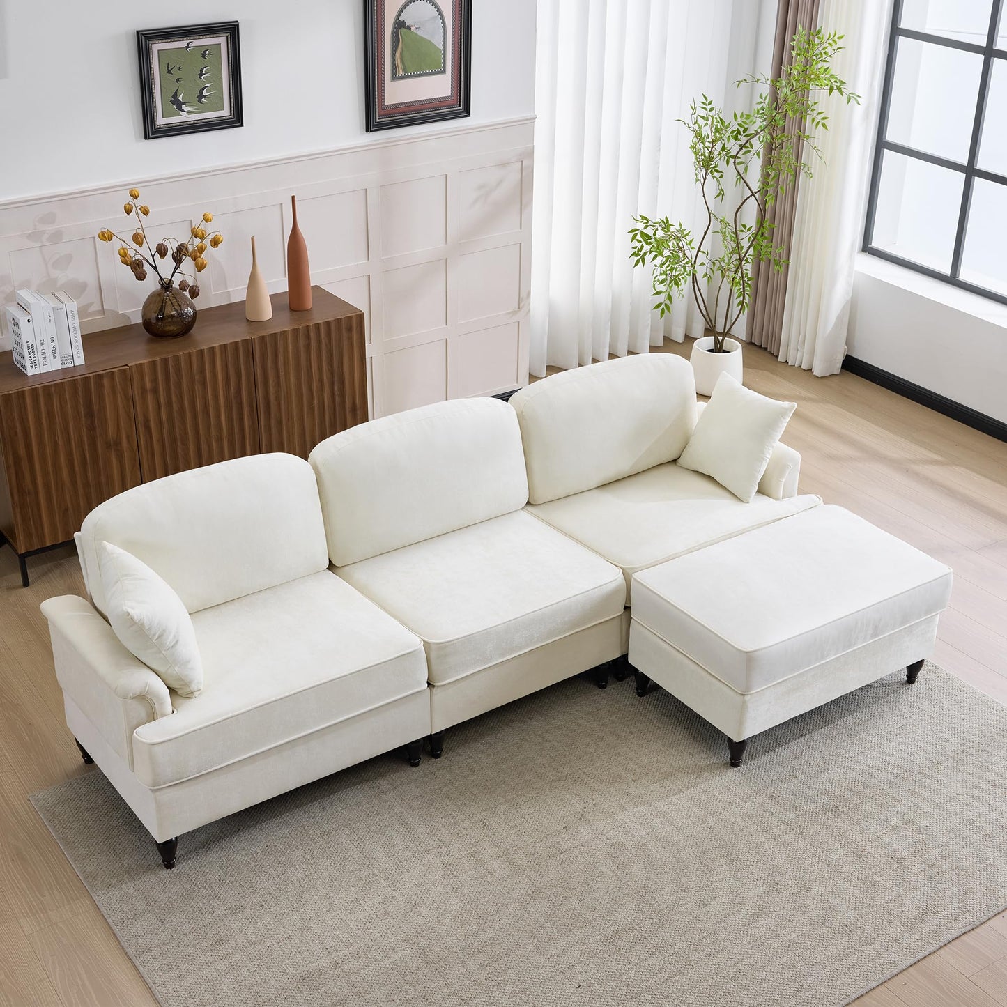 ERYE 103" L-Shaped Convertible Sectional Sofa W/Removable Ottoman and Ruffled Pleated Skirt, Comfy Chenille Sectional Couch Reversible Corner Sofa Couch for Living Room