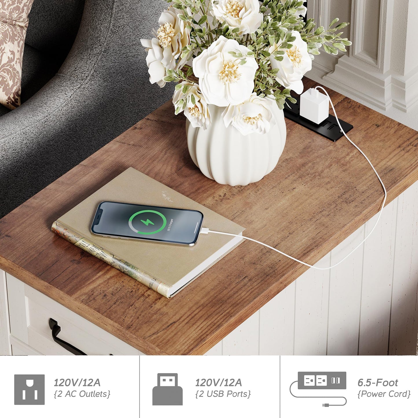 WAMPAT 2 Pack End Tables with Charging Station, White Wood Sofa Side Table with Drawer & Storage Cabinet, Modern Nightstand with Power Outlets & USB Ports for Living Room, Bedroom