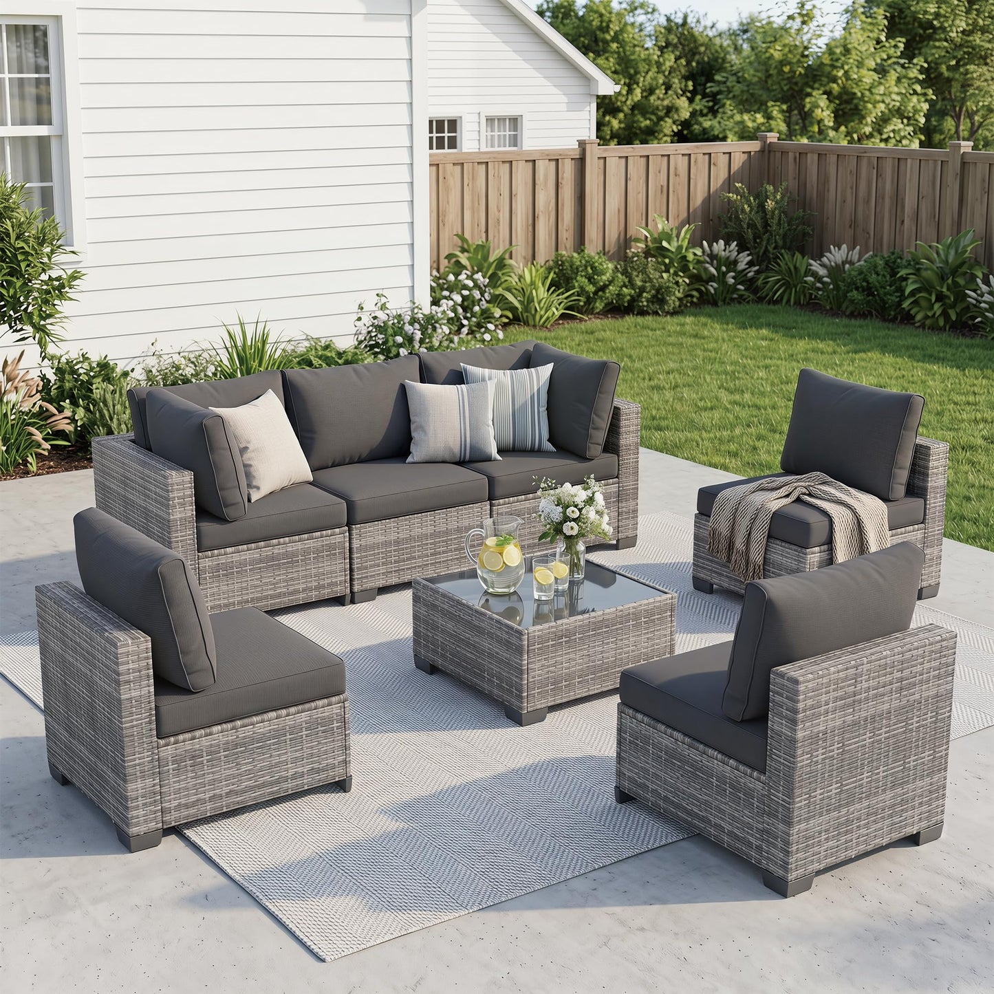 Kamsly 7 Piece Outdoor Patio Furniture Sets, Modular Wicker Sectional Sofa, Patio Conversation Sets with Glass Coffee Table for Backyard, Porch, Garden, Poolside (Grey PE Rattan + Dark Grey Cushions)