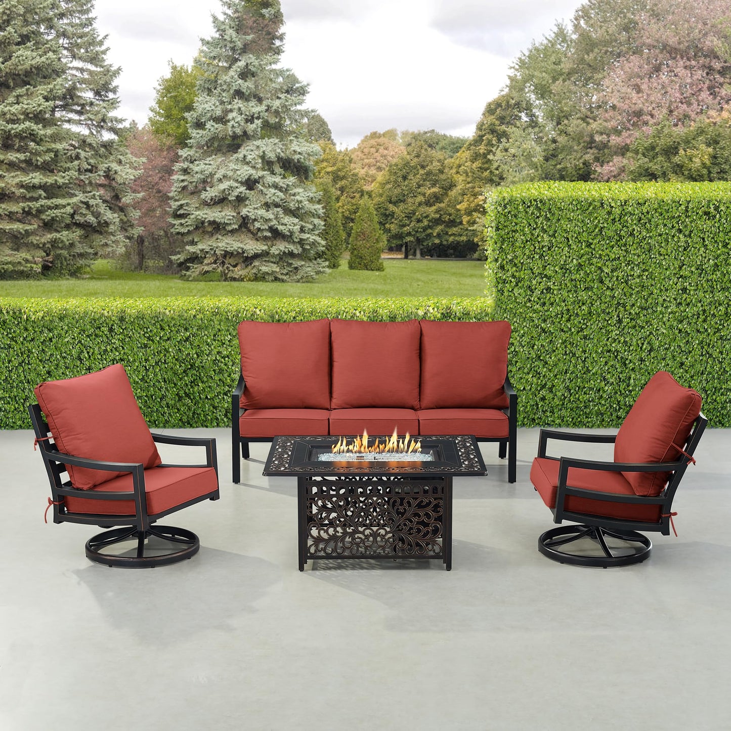 Oakland Living Black Aluminum Patio Fire Table Set with Deep Seating Sofa with Cushions and Two Club Chairs with Red Cushions