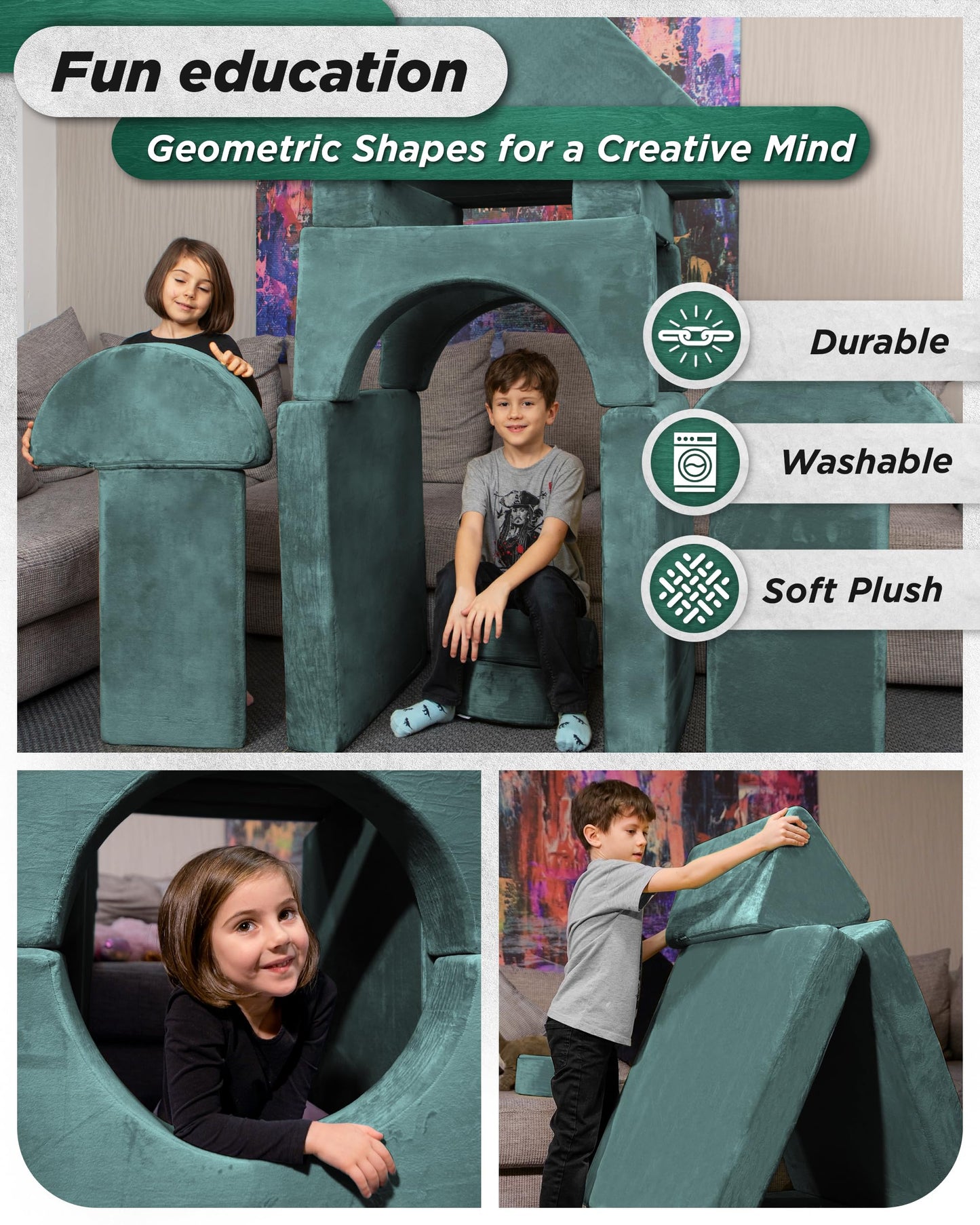 Lunix LX15 14pcs Modular Kids Play Couch, Design-Patent Child Sectional Sofa, Fort-Play Bedroom Playroom Furniture for Toddlers, Convertible Foam, Washable Covers, Oeko-TEX & CertiPUR-US, Sage Teal