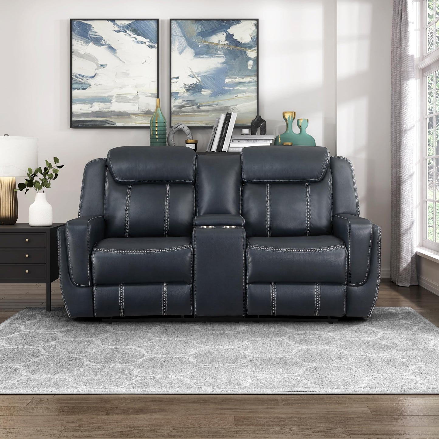 Lexicon Modern Double Reclining Loveseat, Faux Leather Recliner Loveseat with Headrest, Center Console, Receptacles and USB Ports, Manual Recliner Loveseat Sofa for Living Room/Office/Apartment, Blue
