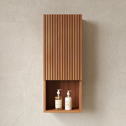 KEIKI Bathroom Wall Cabinet, Premium Wood Medicine Cabinet with Soft-Close Doors and Open Shelf, Narrow Storage Cabinet for Bathroom Kitchen Laundry Room, Brown Oak