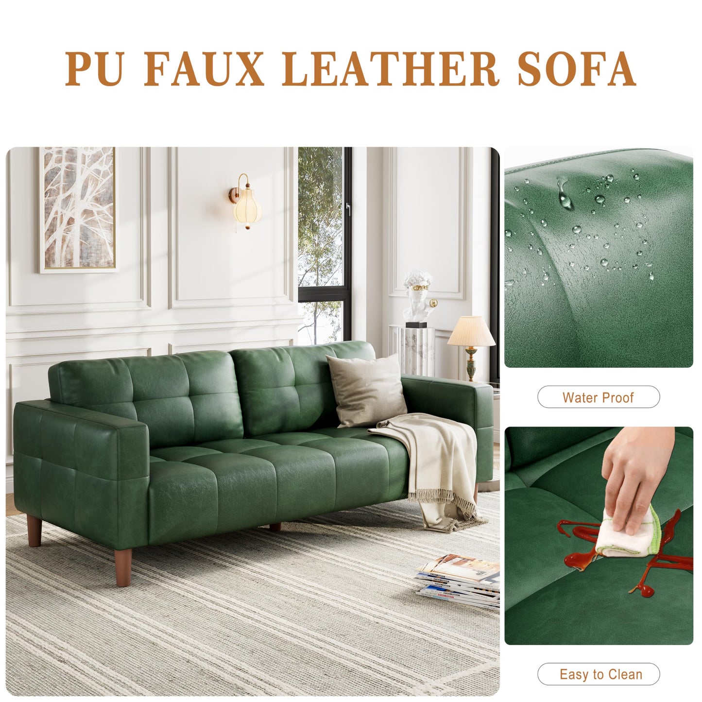 GarveeHome 3-Seater Sofa Couch, 83 in Wide Faux Leather Sofa Couch with Spring Cushion, Modern Sofa with Deep Seats and 2 Removable Back Cushions, for Living Room, Bedroom, Apartment, Office, Green