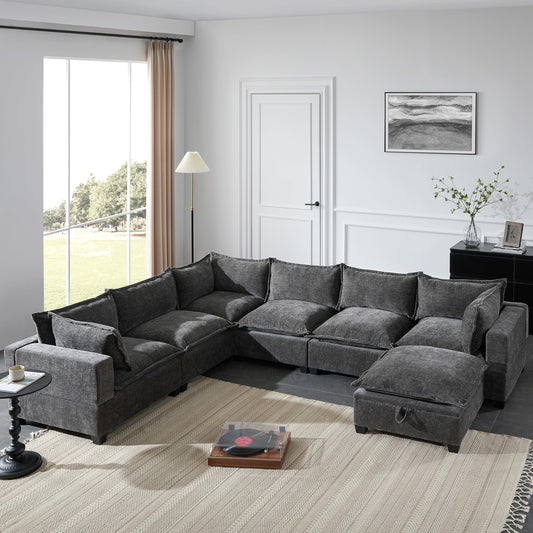 Merax Modern Oversized U-Shaped Sectional Sofa with Piollows & Chaise Lounge, Chenille 7-Seat Couch Set Sleeper Bed with Storage Ottoman for Living Room Gray