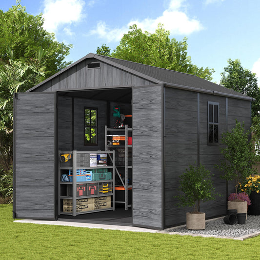 UDPATIO Outdoor Resin Storage Shed 8 x 10 FT, Plastic Storage Shed with Floor Large Outdoors Garden Tool Storage Shed Outside Clearance Shed with Lockable Door for Bike, Backyard, Patio, Dark Grey