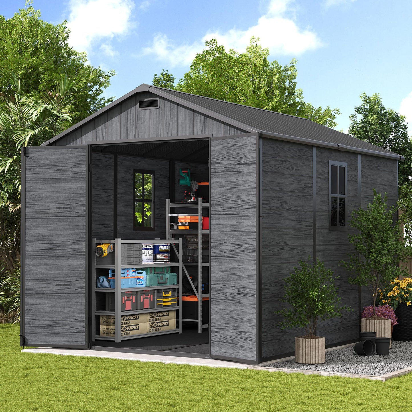 UDPATIO Outdoor Resin Storage Shed 8 x 10 FT, Plastic Storage Shed with Floor Large Outdoors Garden Tool Storage Shed Outside Clearance Shed with Lockable Door for Bike, Backyard, Patio, Deep Grey