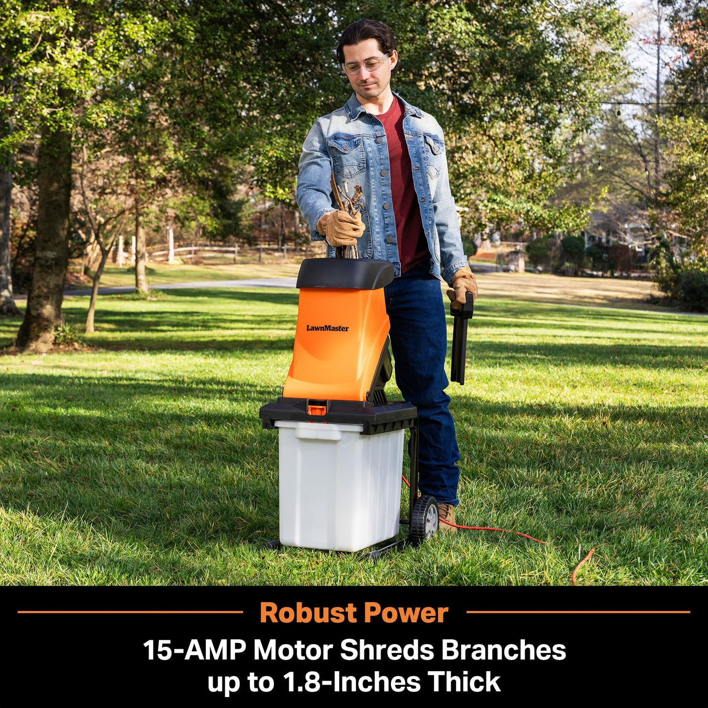 LawnMaster Wood Chipper, 15 Amp Electric Wood Chipper Shredder with Collection Bin, 1.8-Inch Cutting Diameter Max 16:1 Reduction-FD1504