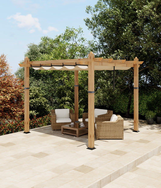 10x10 ft Aluminum Pergola with Adjustable Canopy, Outdoor Metal Pergola Shelter, Reinforced Rust-Resistant Frame, Waterproof Sunshade for Patio, Garden, Deck, Backyard, Khaki