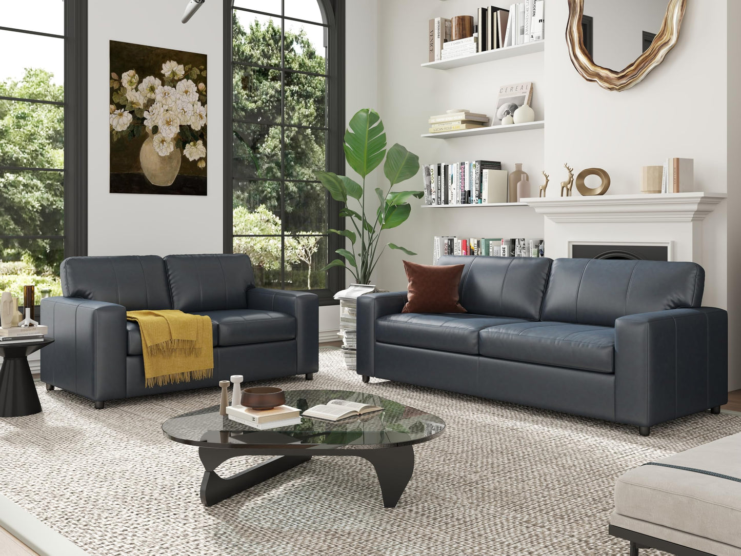 Roundhill Furniture Sakan Leather Upholstered 2-Piece Living Room Set, Sofa and Loveseat, Blue